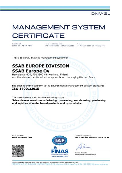 Ssab Europe Management System Certificate 14001 En 2018 03 Metal