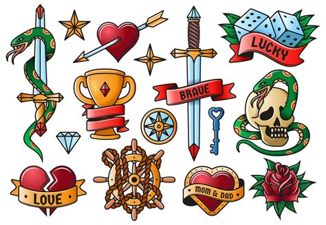 Retro Tattooing Rose Knife Heart Skull Old School Symbols Vintage