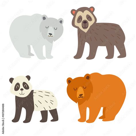 Polar bear, spectacled bear, panda and brown bear set. Flat cartoon ...