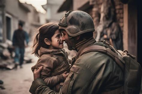 Un soldado abrazando a un niño en un pueblo devastado por la guerra