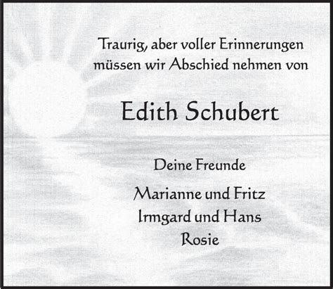 Traueranzeigen Von Edith Schubert Wirtrauern