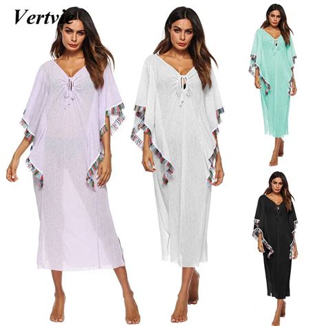 2018 Sexy Women Tassel Beach Tunic Long Beach Dress Robe De Plage Solid