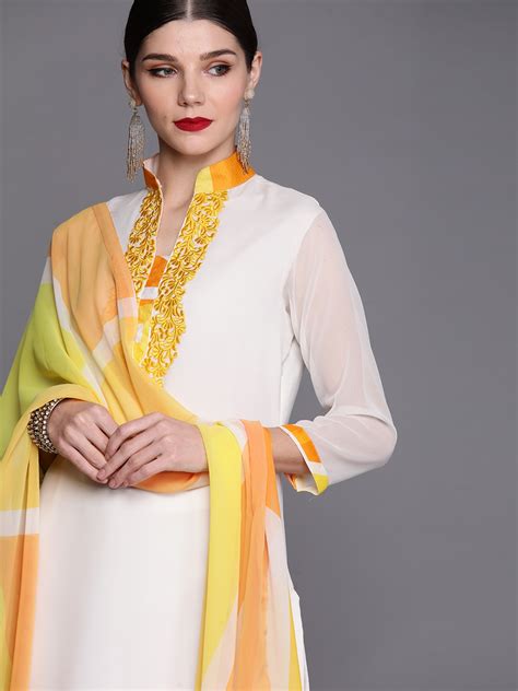 Buy Inddus Women Off White And Yellow Embroidered Kurta With Palazzos And Dupatta Kurta Sets For