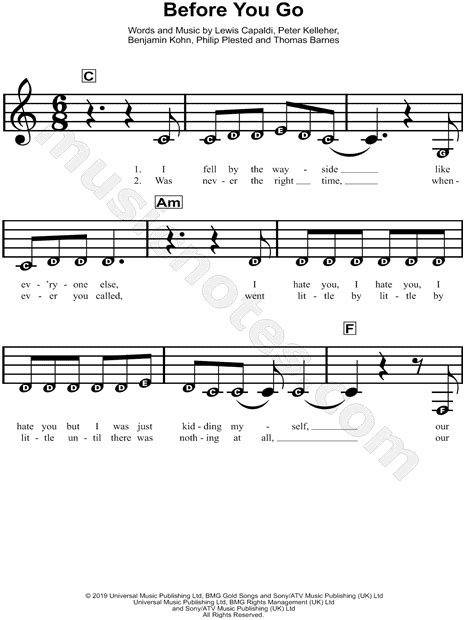 Lewis Capaldi Before You Go Sheet Music For Beginners In C Major Download And Print Sku