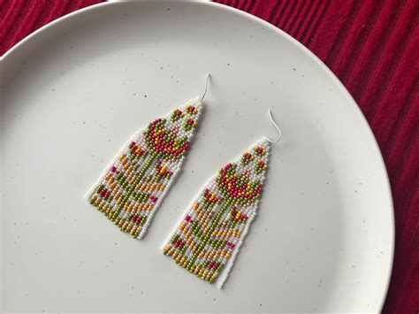 Floral Beaded Earrings Flowers Seed Bead Earrings Fringe Bead - Etsy