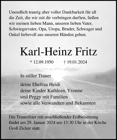 Traueranzeigen Von Karl Heinz Fritz Trauer Anzeigen De