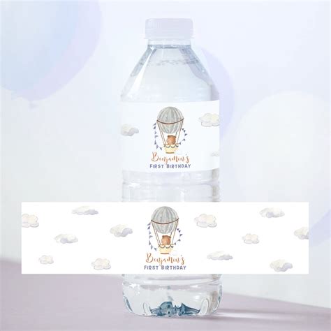 Editable Hot Air Balloon Water Bottle Labels Cute Bear Party Bottle Labels Birthday Boy