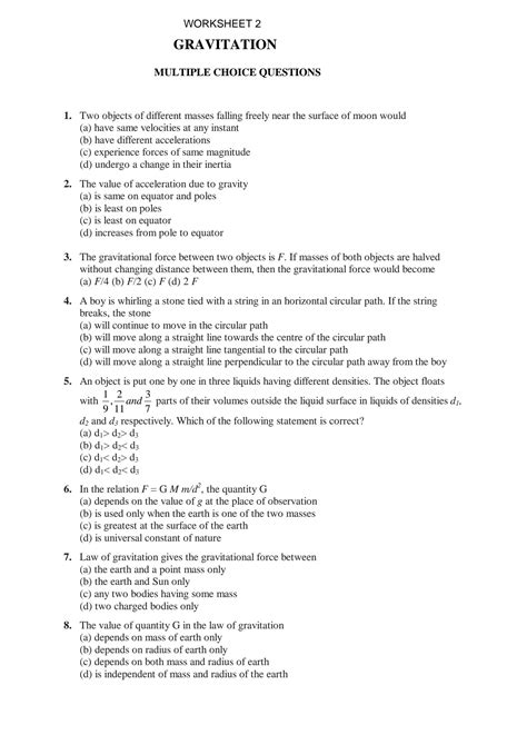 Solution Cbse Class 9 Physics Worksheet 2 Gravitation Studypool