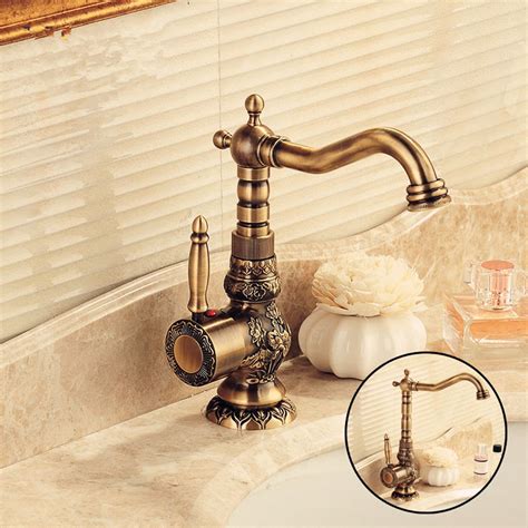 AUSWIND European Antique Copper Faucet Carved Hot And Cold Water Plus