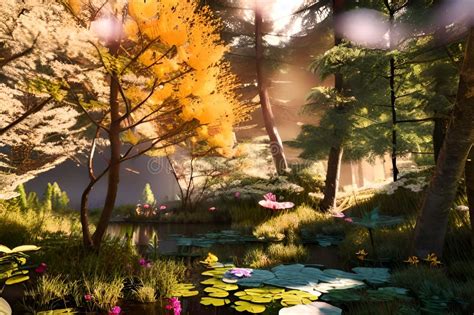 Digital Art Landscape Forest Flower Background Wallpaper Stock ...