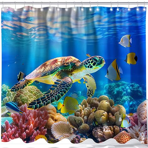 Vibrant Coral Reef Shower Curtain With Turtle And Fish Hyperrealistic