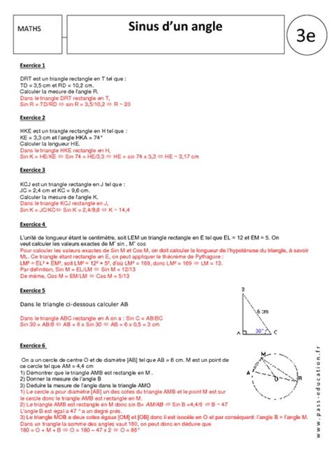 Sinus D Un Angle Exercices Corrig S Me Trigonom Trie Brevet