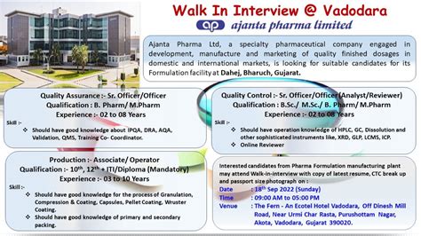 Ajanta Pharma Limited Walk In Interviews For QC QA Production On