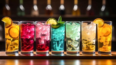 Premium Photo A Row Of Glasses Filled With Different Colored Drinks