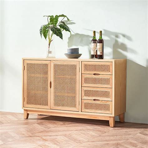 Japandi Natural Sideboard Buffet Rattan Kitchen Cabinet With Doors