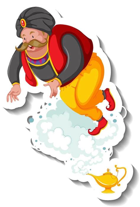 Genie Coming Out Of Magic Lamp Cartoon Character Sticker Vector