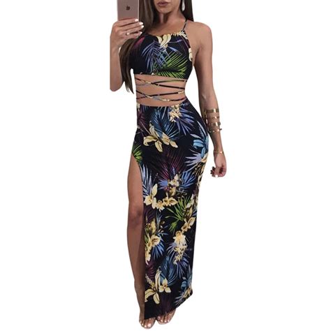 Summer Floral Print Crop Tops High Split Skirt Women 2 Piece Set Sexy