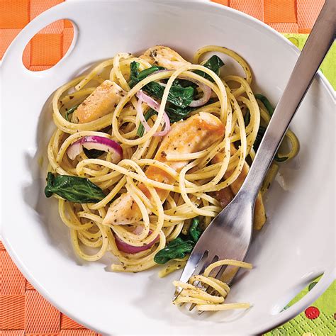 Spaghettis Au Poulet Grill Et Pinards Les Recettes De Caty