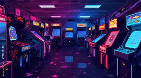 Vector depiction of a classic 90s arcade, with pixelated video game characters and neon-lit ...