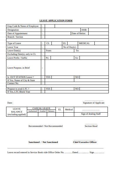 50 Sample Leave Form Templates In Pdf Ms Word Leave Application Form