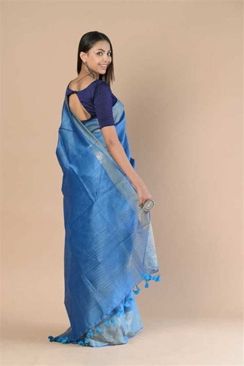 Midnight Blue Moonga Tussar Silk Saree With Beautiful Border