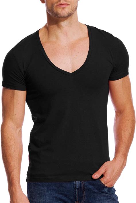 Deep V Neck Shirts Men V Cut Tee Short Sleeve Stretch T Shirt Vee Top