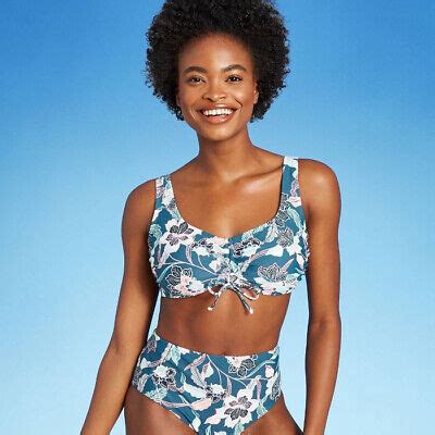 Women S Center Cinch Over The Shoulder Bikini Top Blue Floral Kona