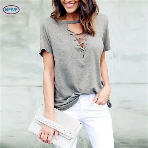 Nfive Brand 2018 Women Thin Loose T Shirts European Summer New Sexy V Collar Bandage Shirt Short