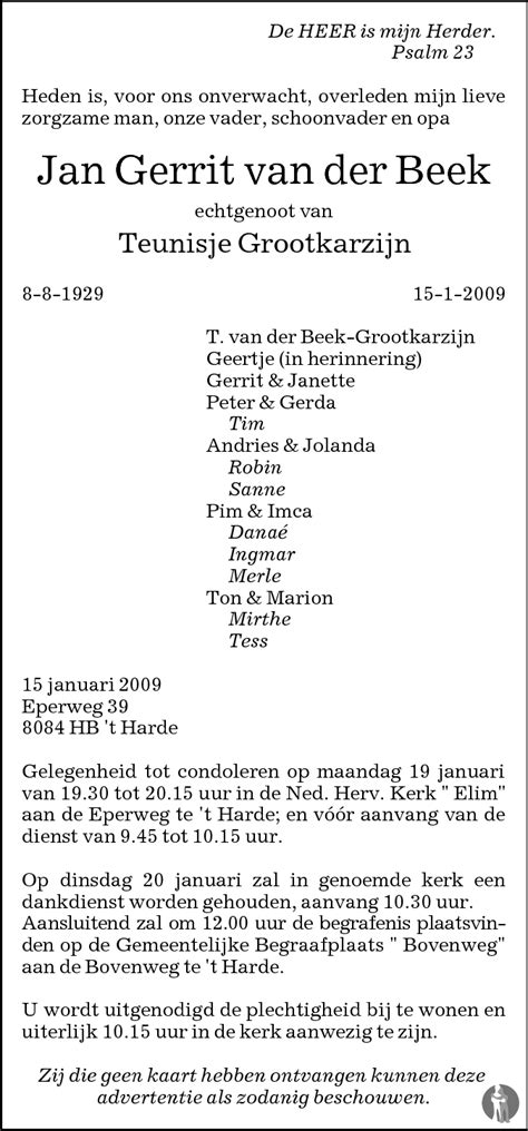 Jan Gerrit Van Der Beek 15 01 2009 Overlijdensbericht En Condoleances