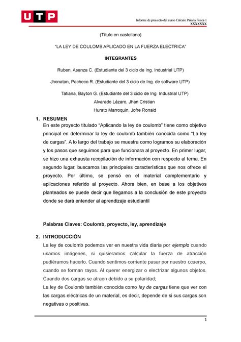 S1 Proyecto Título En Castellano “la Ley De Coulomb Aplicado En