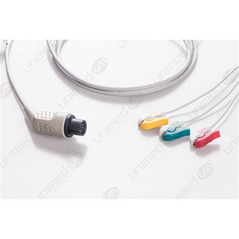 Reusable One Piece ECG Cable 3 Leads 6 Pin Plug Type AAMI Grabber