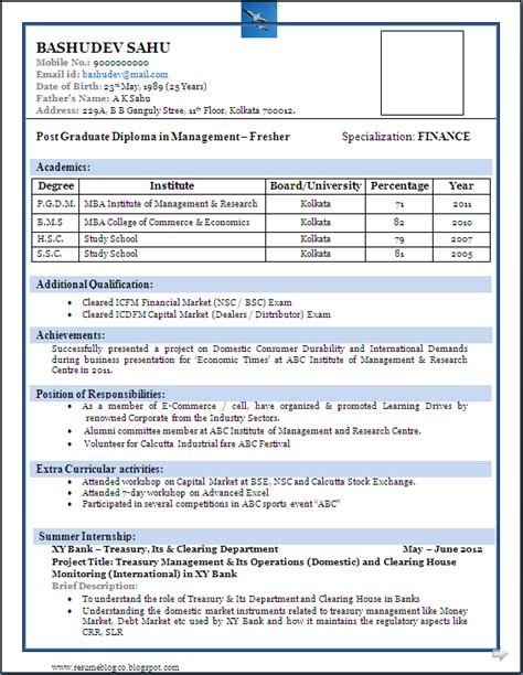 Resume Format For Fresher Templates And Template