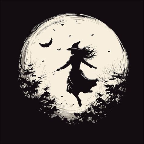 Premium Vector | Drawing halloween moon flying witch sillhoute