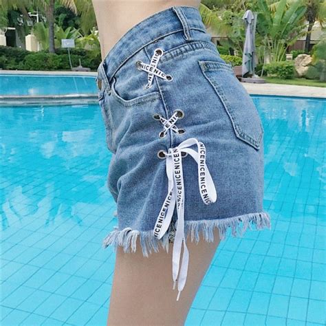 Kukombo Shorts Women Summer Denim Fur Line Washed Crimping Vintage