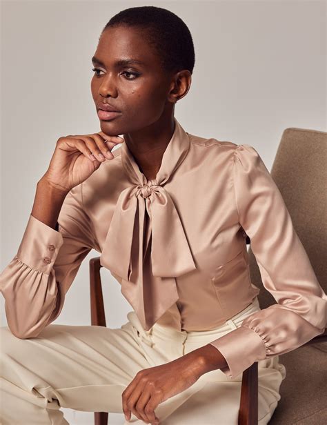 Satin Women S Fitted Shirt With Pussy Bow In Taupe Hawes Curtis Uk