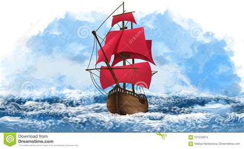 A Ship With Scarlet Sails On The Waves Of The Sea The Ocean Marine