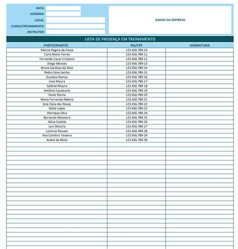 Modelo 6 lista de presença treinamentos Excel Easy