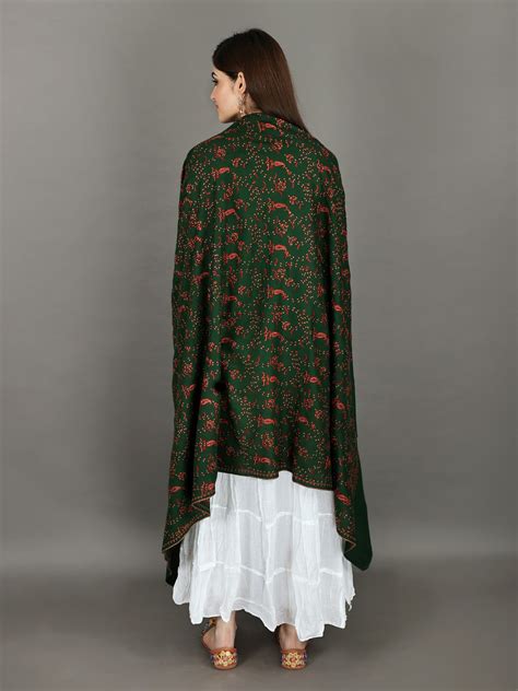 Dark Green Tusha Shawl From Kashmir With Sozni Hand Embroidered Floral