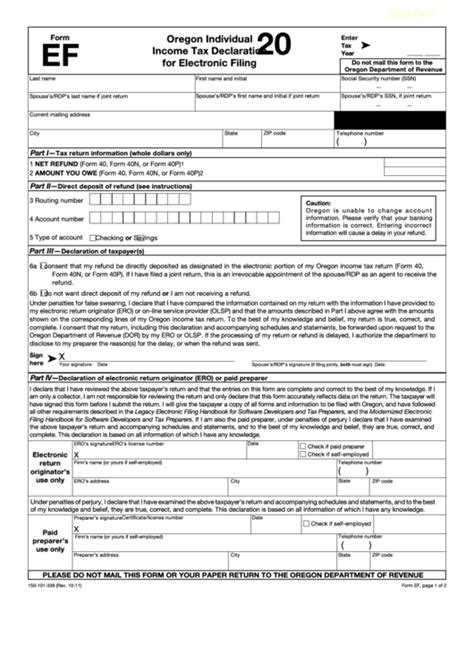 Fillable Form Ef Oregon Individual Income Tax Declaration For Electronic Filing Printable Pdf