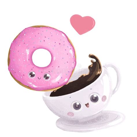 Happy Pink Icing Donut With Coffee Mug Kawaii Style Isolated On White