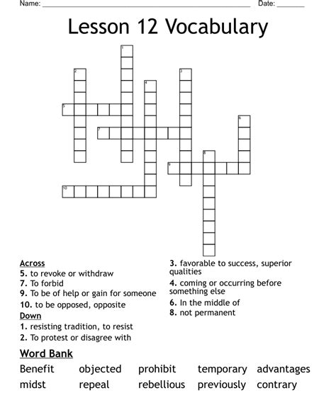 Lesson 12 Vocabulary Crossword Wordmint