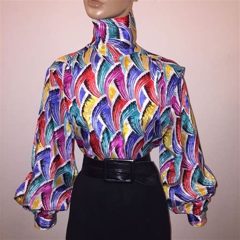 14 L Shiny Satin Multicolor Print High Neck Silky Blouse 45“ Bust Vintage Silky Blouse Blouse