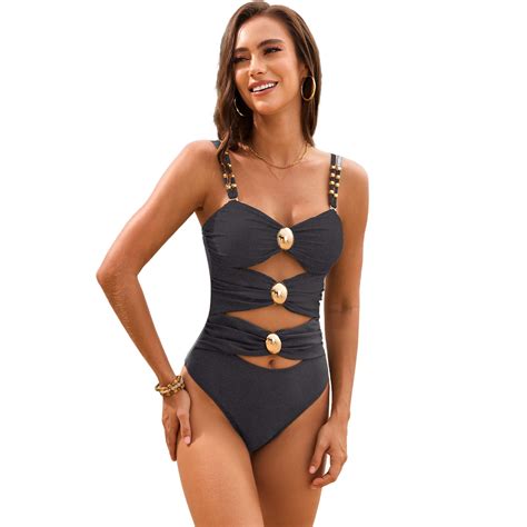 Kitem Women Monokini Sling Hollow Design One-piece Swimsuit with Metal