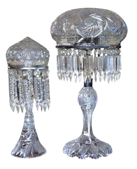 Pair Of Antique American Brilliant Period Cut Crystal Table Lamps With Mushroom And Acorn Shades