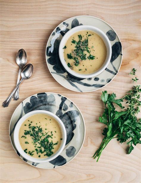 Roasted Garlic Soup With Potatoes Shallots And Fresh Herbs