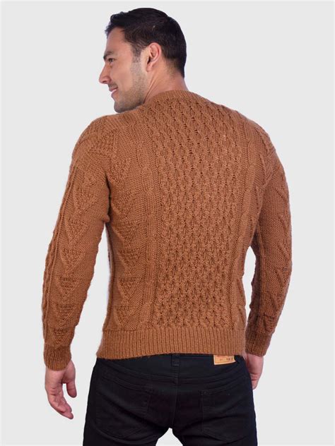 Hand Knit Warm Ochre Aran Alpaca Sweater For Men Wisa Inti Alpaca