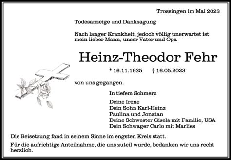 Traueranzeigen Von Heinz Theodor Fehr Schwaebische De Trauerportal