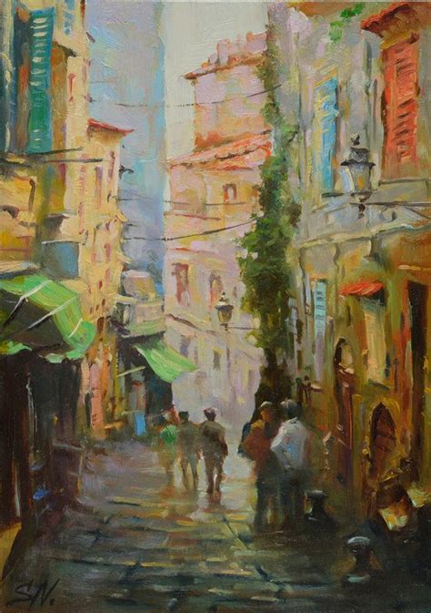 An Oil Painting Of People Walking Down The Street