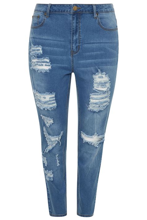 Blue Extreme Distressed Ripped Skinny Stretch AVA Jeans Yours Clothing