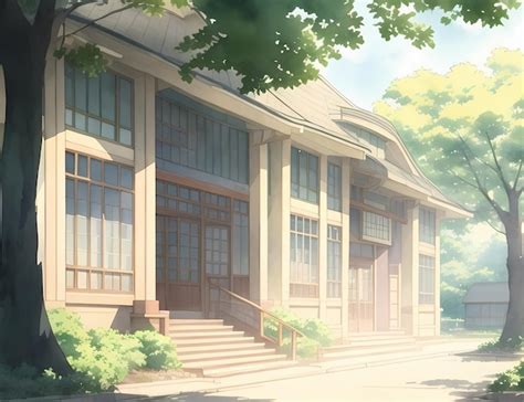 Premium AI Image | Anime background if a school entrance nature and trees